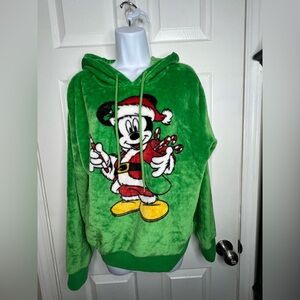 Disney Women’s Large Mickey Mouse Santa Hoodie Christmas Sweater L Green Fuzzy